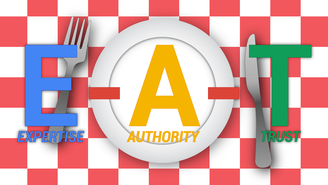 Google EAT cover photo - picnic blanket background with plate and silverware. The letters E-A-T are on top with the words "Expertise Authority Trustworthiness" below the letters.
